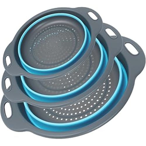 Collapsible Colander 3-Pack Set Space-Saving Foldable Kitchen Strainer with Non-Slip Base Durable Thickened PP+TPE Collapsible Strainers for Pasta, Vegetables, Fruits (Gray-Blue)