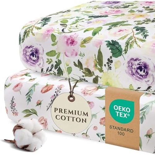 Pobibaby 2 Pack Fitted Crib Sheets for Girls - Premium Cotton Blend Baby Crib Sheet Set, Soft Breathable Floral Toddler Bed Sheets for Standard Mattress, Baby Girl Nursery Bedding 52x28 (Allure)