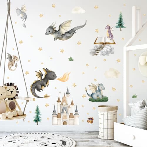 Dragon Wall Stickers,Peel and Stick Colorful Flying Dragon,Castles, White Clouds, Stars.Tree Self-Adhesive Mural,Removable Wall Sticker for Living Room Baby Nursery Kids Room Wall Decor (Multicolored)