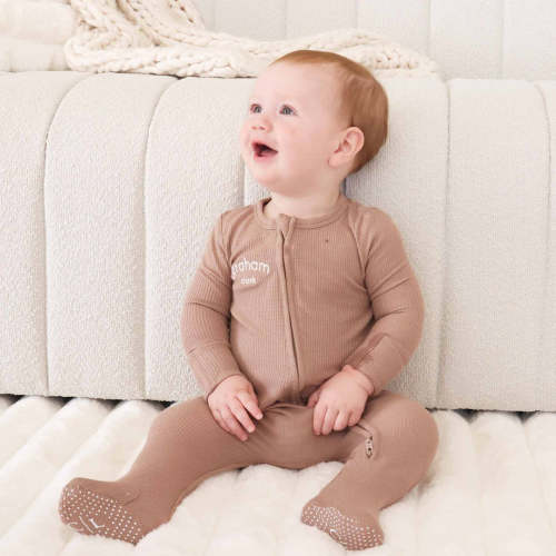 Embroidered Bamboo Waffle Zipper Footie | Cocoa