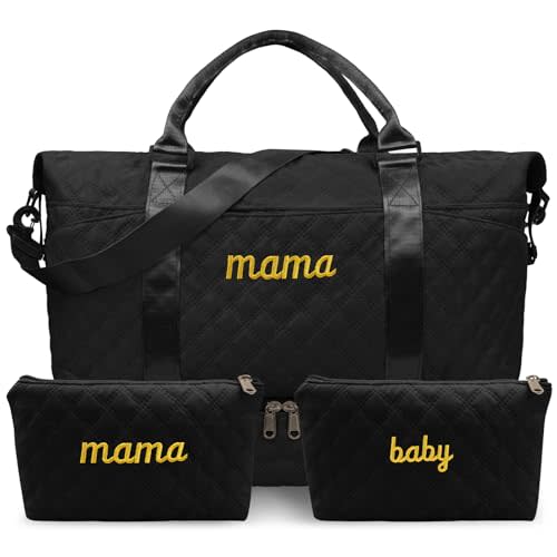 Mama Baby Pregnancy Hospital Bag Essentials for Women Labor Delivery Diaper Organizer with Shoe Compartment,2 Waterproof Toiletry Pouch Travel Duffle Bag for Mommy Weekender Overnight Gym Gifts,Black