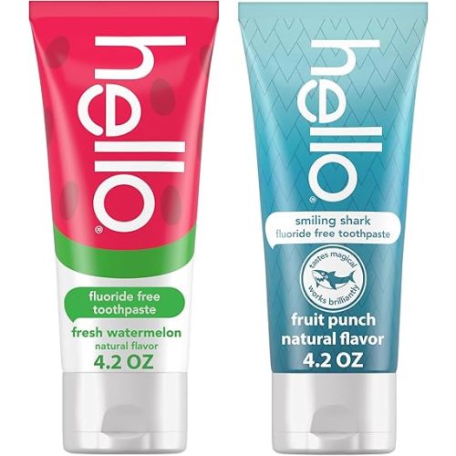 Hello Smiling Shark and Fresh Watermelon Fluoride Free Kids Toothpaste Pack, Includes 4.2 oz Smiling Shark Kids and 4.2 oz Fresh Watermelon Toothpaste