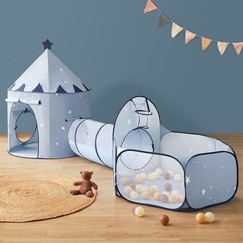 Tiny Land 3-in-1 Baby Tunnel for Toddlers with Ball Pit & Play Tent, Pop Up Crawl Tunnel for Kids, Indoor/Outdoor Play Tunnel, Foldable Baby Crawling Tunnel Toy (Blue)