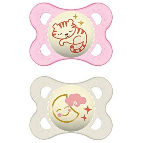 MAM Night Pacifiers (2 Pack, 1 Sterilizing Pacifier Case), MAM Pacifiers 0-6 Months, Best Pacifier for Breastfed Babies, Glow in the Dark Pacifier, Baby Girl Pacifier