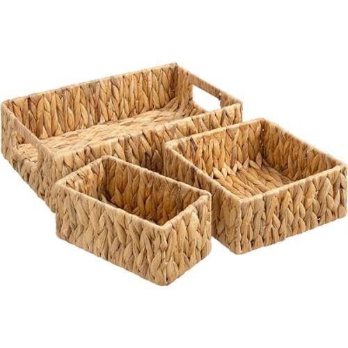 StorageWorks Pantry Baskets for Shelves 3 Pack, Rectangular Wicker Basket with Handles, Natural Water Hyacinth Woven Baskets for Living Room, Toilet, Shelf Storage Basket for Home Decor