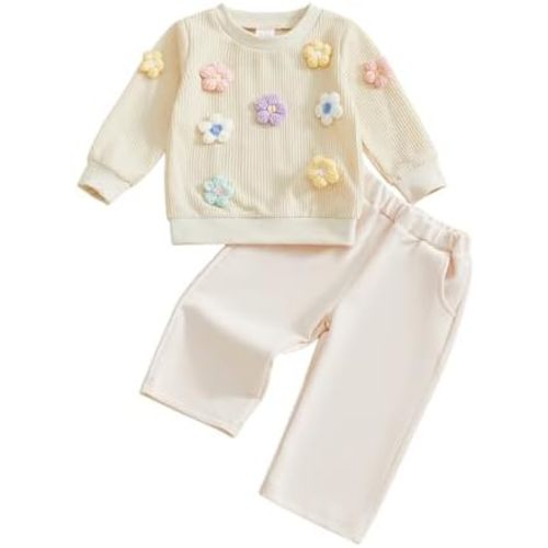 Amnnchya Toddler Baby Girl Fall Outfits 3D Flower Long Sleeve Sweatshirt Kids Winter Clothes With Pants Cute 2 Pcs Set