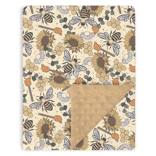 Retro Boho Brown Baby Blanket for Girls 30 x 40, Soft Double Layer Minky Blanket Dotted Fleece Back, Nursery Bed Receiving Quilt Newborn Infant Toddler Shower Gift Fall Autumn Sunflower Bee