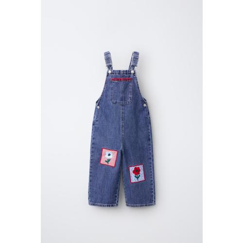 EMBROIDERED FLORAL LONG DENIM OVERALLS - Blue | ZARA United States