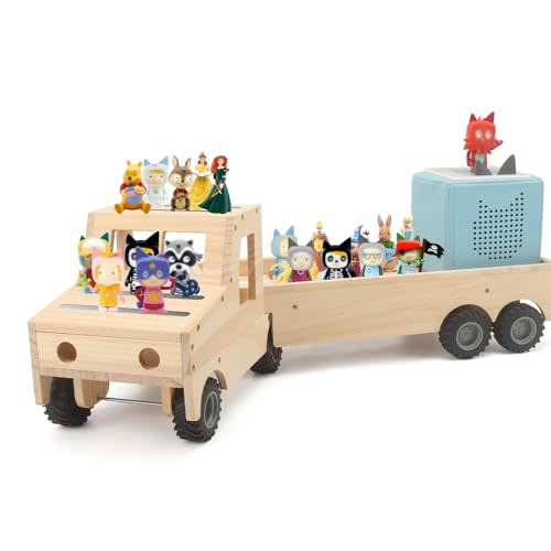 Taladad Storage & Play Car for Toniebox 2/1 and Tonie Figures Storage Shelf (Wooden Trailer), Magnetic Shelves Compatible with Tonie Box Player Character for Children Room (Natural, Wooden Trailer)