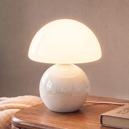 Dawnwake Mushroom Lamp Table Lamp for Bedroom-Small Desk Table Lamps,White | 8.7" Mid Century Modern Table Lamps for Living Room Bedroom Decor,Cute Ceramic Lamps for Mushroom Home Room Decor,Glass Shade