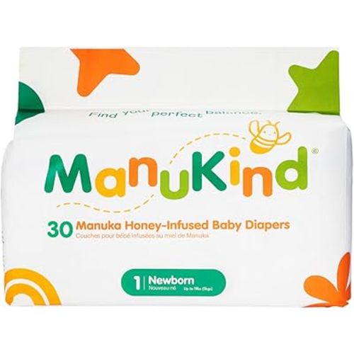 ManuKind Baby Diapers, Manuka Honey Infused, Ultra Soft, Plant-Based Materials, Quick-Dry Comfort, Leak Guard Protection, Size 1 – 30 Diapers