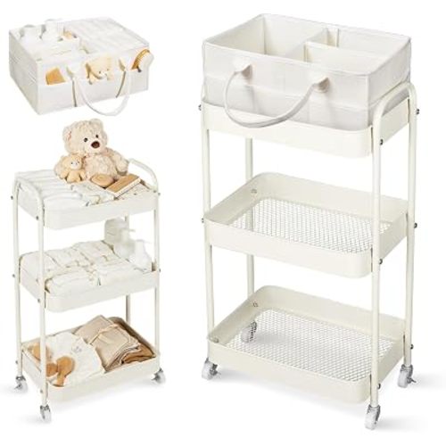 Fortella Baby Diaper Caddy, 3 Tier Rolling Cart for Baby Essentials, Beige
