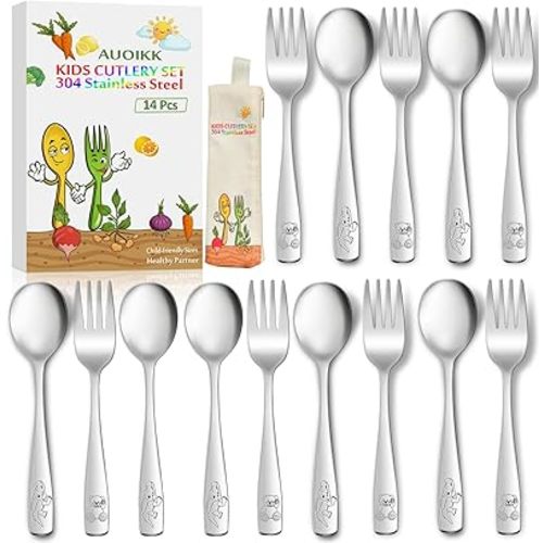 14-Piece Toddler Flatware, Kids Utensils Stainless Steel Cutlery Set, Children Safe Spoons and Forks with Ergonomic Handle, Easy to use and Dishwasher Safe (Crocodile and Bear)
