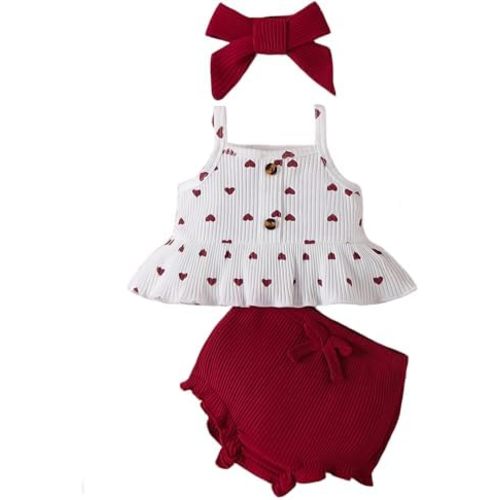 VARMILO Toddler Girl Outfit Set,Soft Ribbed Heart Print Sleeveless Cami Top,Ruffled Shorts & Bow Headband for Baby Girls