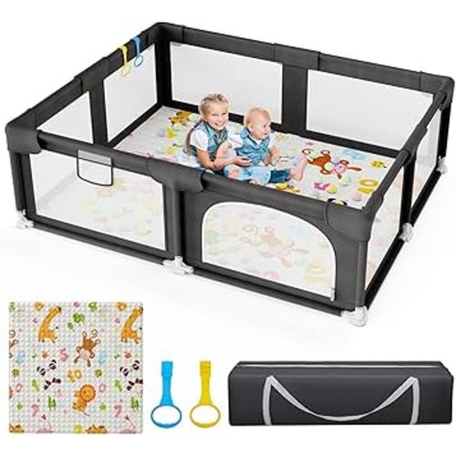 Palopalo Black Baby Playpen with Mat Playpen for Babies and Toddlers 71×59 Inch Large Play Yard With Gate Baby Fence Ball Pits Toddler Indoor Outdoor Infants Activity Center with Anti-Slip Base
