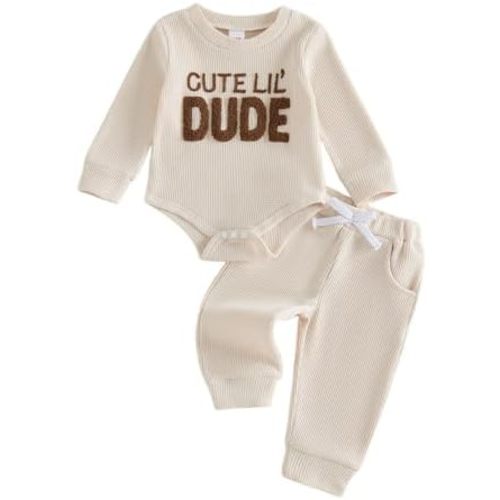 Adobabirl Baby Boy Fall Winter Clothes Cute Lil's Dude Embroidery Long Sleeve Romper Pants Set Newborn Waffle Knit Outfits
