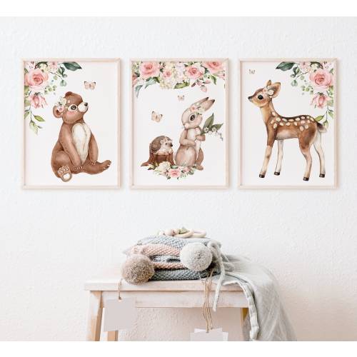Baby Girl Woodand Nursery Wall Art, Floral Woodland Animal Set of 3 Printable Art Prints, Girl Room Wall Art, Woodland Set of Digital Prints