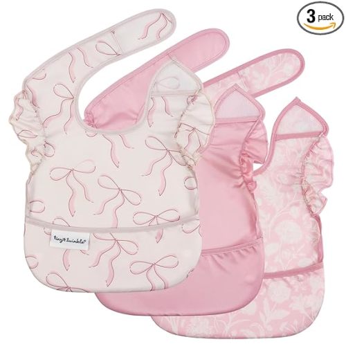 Tiny Twinkle Mess-Proof Baby Bibs for Eating | Waterproof, Wipeable Toddler Bibs with Catch-All Pocket | Feeding Bibs for Girls & Boys(3 Pack,Toile,Bows)