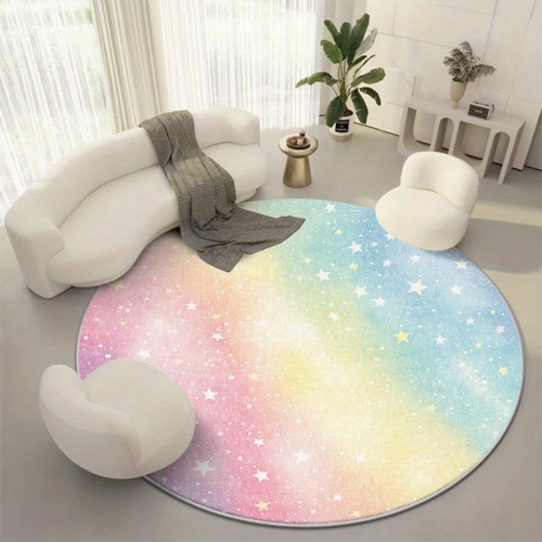 2D Flat Printed Flannel A Soft And Durable Round Rug Made of Velvet Short Pile Material with a Non-Slip Plastic Backing, Washable by Hand Or Machine. This Thick, Dense, And Soft Rug Features a Dreamy Starry Sky Gradient with Rainbow-Colored Stars