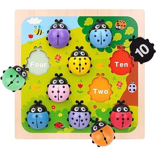 Wooden Counting Ladybugs Montessori Counting Toys for Toddlers Learning Education Toy Ladybugs Puzzle Numbers Matching Preschool Math Board Games Develop Fine Motor Skills for 3 4 5 Year Old Kids