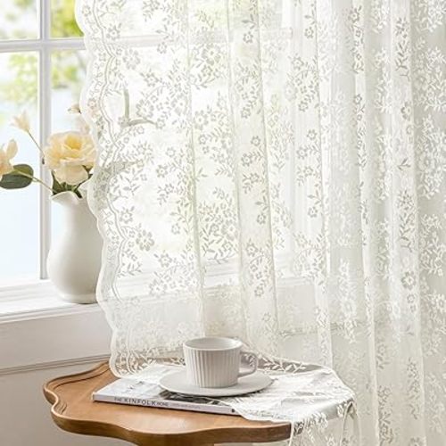 Vintage Lace Curtains 84 Inches Long with Floral and Branch Pattern, Elegant Romantic Sheer Light Filtering Lacy Drapes for Living Room Bedroom, 52 x 84 Inch Ivory, Set of 2 Panels