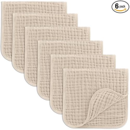 Comfy Cubs Muslin Burp Cloths 20" x 10", Pack of 6 - Large, 6-Layer, Ultra Absorbent 100% Cotton for Baby Drool and Messes - Soft, Safe & Gentle Baby Burp Cloths Set for Boys & Girls - Sand