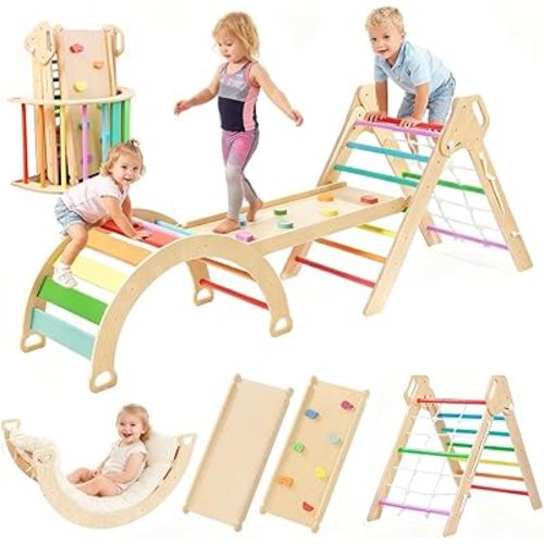 Large pikler Triangle Set with Cushion,7 in 1 Foldable Baby Jungle Gym with Climbing Rope Ramp & Arch,Wooden Montessori Toddler Climbing Toys Indoor for Toddlers 1-6 Year Old Rainbow