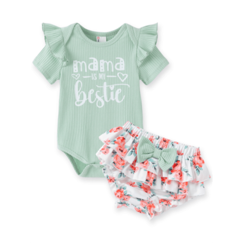 PatPat Baby Girl Clothes Green Summer Bodysuit Floral Ruffle Shorts Cute Baby Gift Set Baby Clothes for Girls with Baby Headbands 6-9 Months