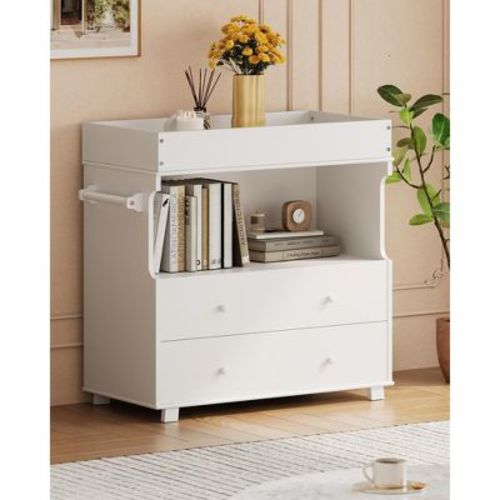 GustoWave Baby Changing Table Dresser, Modern Wooden Diaper Changing Station with 2 Drawers & Shelves,Multi-Functional Infant Diaper Station,White