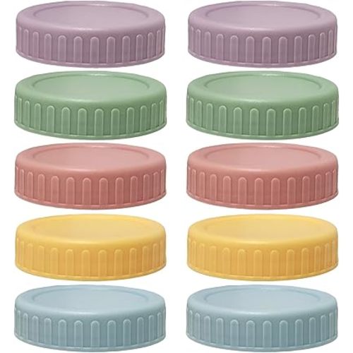 10 Colored Plastic Lids, 70mm Inner Diameter, Regular Mouth with Silicone Ring, Suitable for Glass Cans