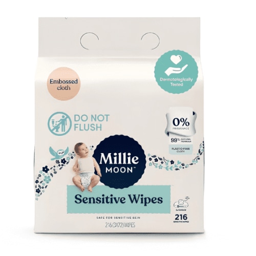 Millie Moon Sensitive Wipes - 216ct: Whole Body, Diaper Area, Latex-Free, Hypoallergenic, Alcohol-Free