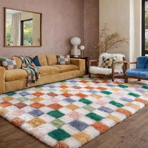Colorful Area Rug 5x7 for Bedroom Soft Checkered Shag Carpet