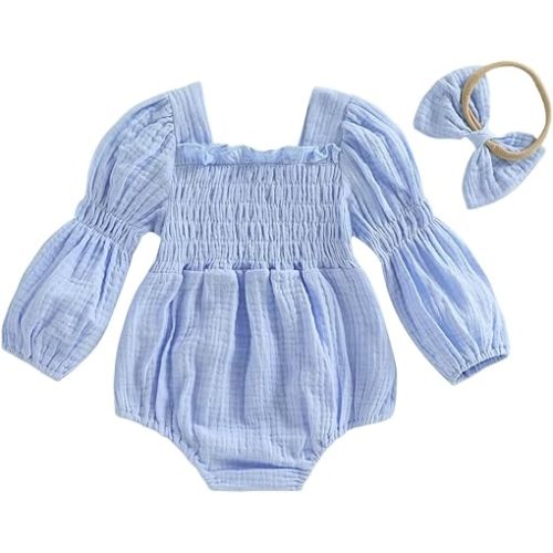 Smocked Baby Girl Clothes Newborn Girl Bubble Romper Long Sleeve Jumpsuit And Headband Outfit Cute Infant Clothing