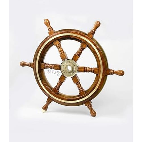 Nagina International Wooden Nautical Captain's Steering Ship Wheel With Brass Ring & Hub - Pirate Home Ocean Beach Decor Gift - Nursery Wall Hangings (18 Inches)