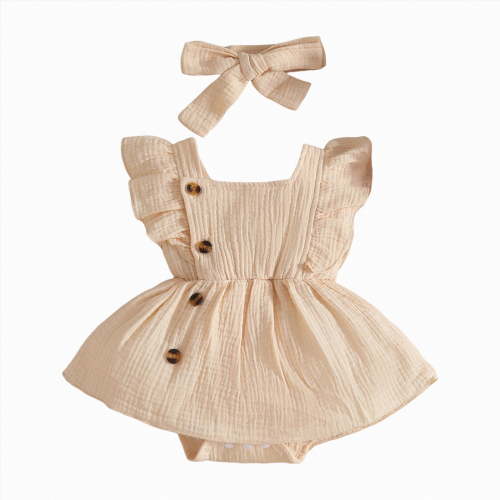 JUMEYU Newborn Girl Dress Baby Girl Birthday Outfit Romper Tutu Skirt Headband Cake Smash Clothes 0 3 6 9 12 18 24 Months (Beige,0-3 Months)