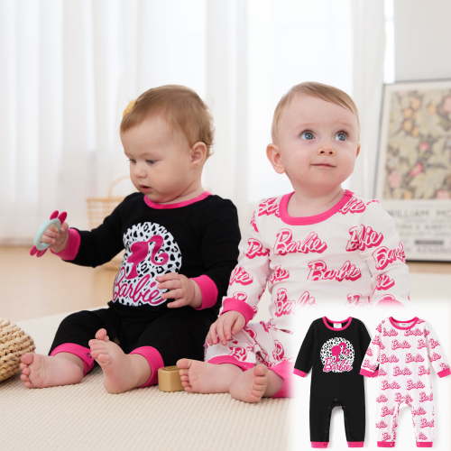 Barbie Baby Girls Clothes 2-Pack Rompers Long Sleeve Cotton Graphic Bodysuit One-Piece Outfits 6-9 Months