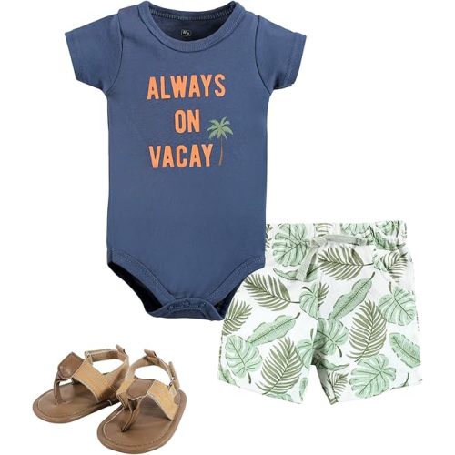 Hudson Baby Unisex Baby Cotton Bodysuit, Shorts and Shoe Set