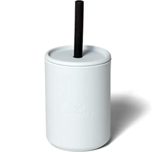 Avanchy Silicone Training Sippy Cup with Straw Lid – Tiny Cup for Babies 6+ Months to Toddlers 1 Year Old – 5 oz Infant Water Cup for Baby Led Weaning, Gray