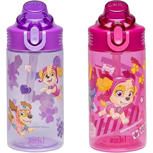 Zak Designs PAW Patrol Sage Kids Water Bottle For School or Travel, 16oz Durable Plastic Water Bottle With Straw, Handle, and Leak-Proof, Pop-Up Spout Cover, 2-Pack Set (Skye & Friends)