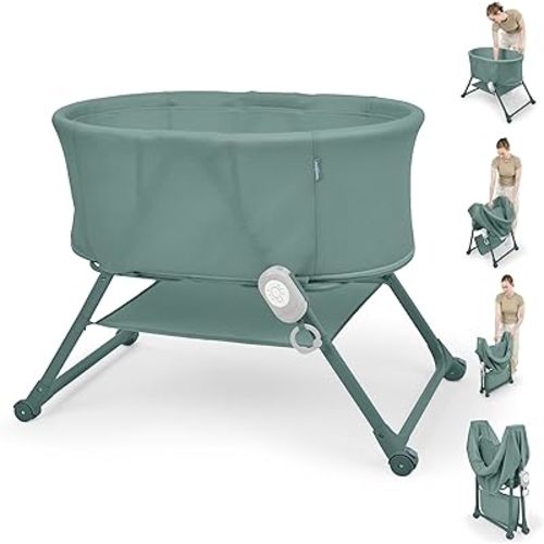 Ingenuity Snooze & Stow Bedside Bassinet for Baby, Easy-Folding Portable Bassinet with Sound, Light, Vibration, Mesh Sides, Storage Shelf & Wheels