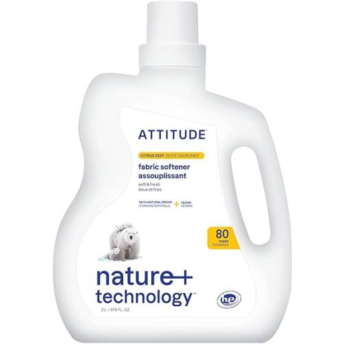 ATTITUDE Liquid Fabric Softener, Plant-Based & Vegan, HE Compatible, Naturally Derived, Citrus Zest Scent, 80 Loads, 67.6 Fl Oz