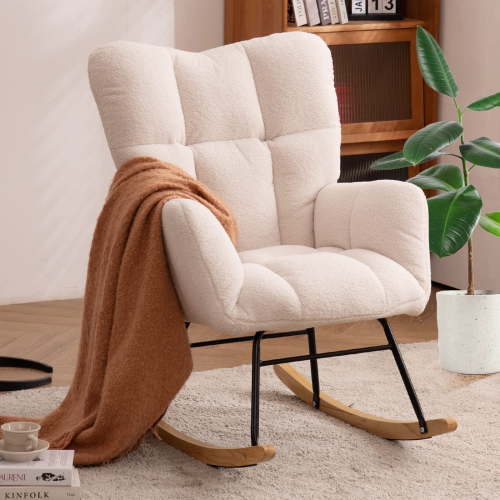 Tappio Nursery Rocking Chair Teddy Upholstered Glider Rocker Rocking Accent Chair Padded Seat with High Backrest Armchair Comfy Side Chair for Living Room Bedroom Offices, White