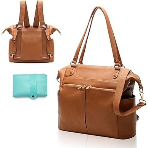 MOMINSIDE Diaper Bag Tote, 4 in 1 Leather Diaper Bag Backpack with 13 Pockets, Convertible Baby Bag for Boys Girls,Diaper Bags Baby Registry, Changing Pad, 4 Large Insulated Pockets(Brown)