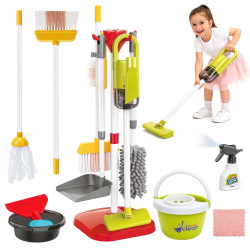 JoyStone 22 Pcs Kids Cleaning Set, Broom Mop Duster Dustpan Brushes, Role Play Toys for Ages 3+, Red