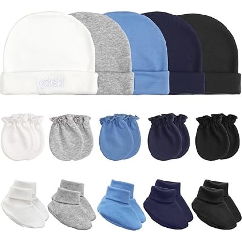 Newborn Baby Hats Mittens and Socks Set Cotton Infant Beanie Cap Socks Mittens for Newborn Baby Boy Girl 0-6 Month