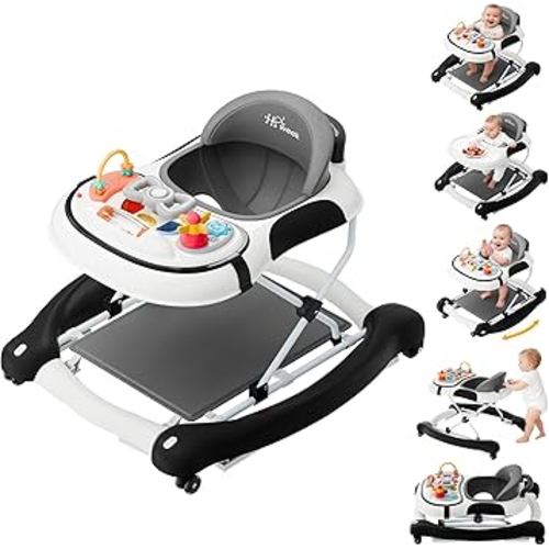 5-in-1 Foldable Baby Walker,Music and Lights Baby Walker with Wheels,Height Adjustable Infant Walker, with Activity Center, Rocker, Bouncer,Push Walker & Feeding Tray for Babies 6-18 Months (Black)