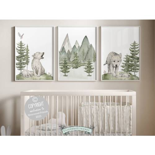 Baby Wolf Nursery Prints,Wolf Nursery Decor,Wolf Cub Print,Mountain Nursery Print,Green Woodsy Forest Nursery Decor,Wolf Baby Shower Gift