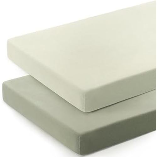 GRSSDER Mini Crib Sheets Fitted, Pack and Play Sheets 2 Pack, Ultra Soft Stretchy Pack N Play Sheets, Universal Fit for Playard Mattress, Jersey Crib Sheets for Boys and Girls, Sage Green