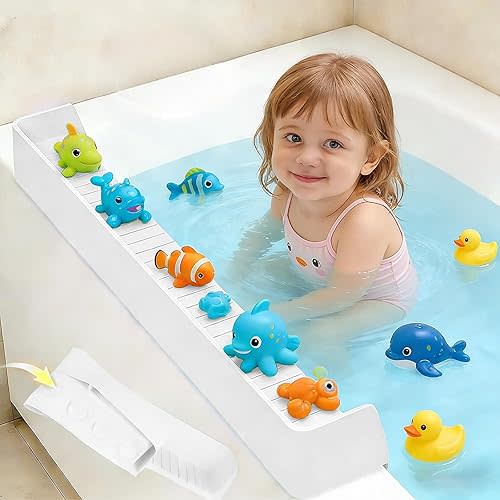 Kids Bathtub Splash Guard, Shelf & Toddler Bath Toy Tray - White