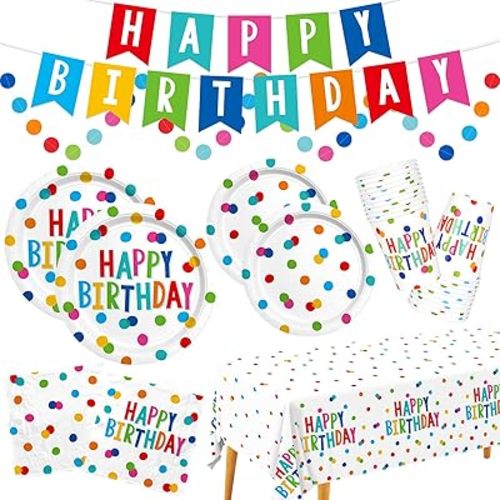 Happy Birthday Decorations: Happy Birthday Party Supplies Set with Birthday Dots Design- Includes Disposable Paper Birthday Plates and Napkins, Cups, Tablecloth, and Banner for decorations, Serves 25.